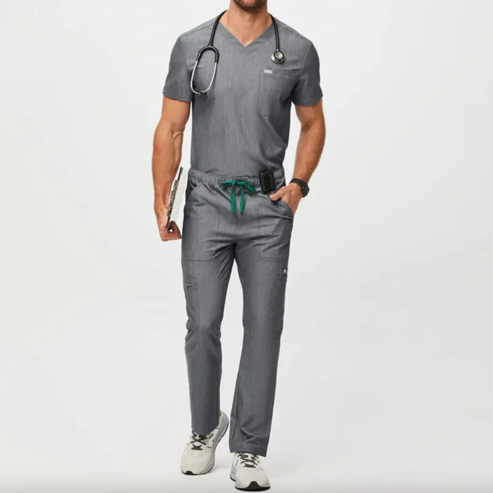 Figs Mens Graphite Grey Leon V-neck Top + Cairo Straight Leg Pants Scrubs Set